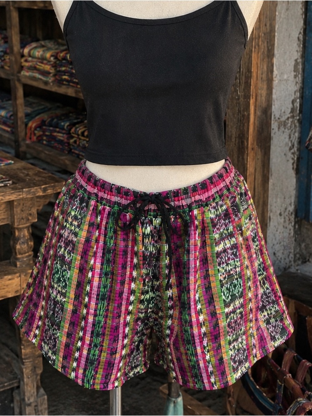 Handmade Artisan Guatemalan Textile Woven Drawstring Shorts Boho Festival Pink M